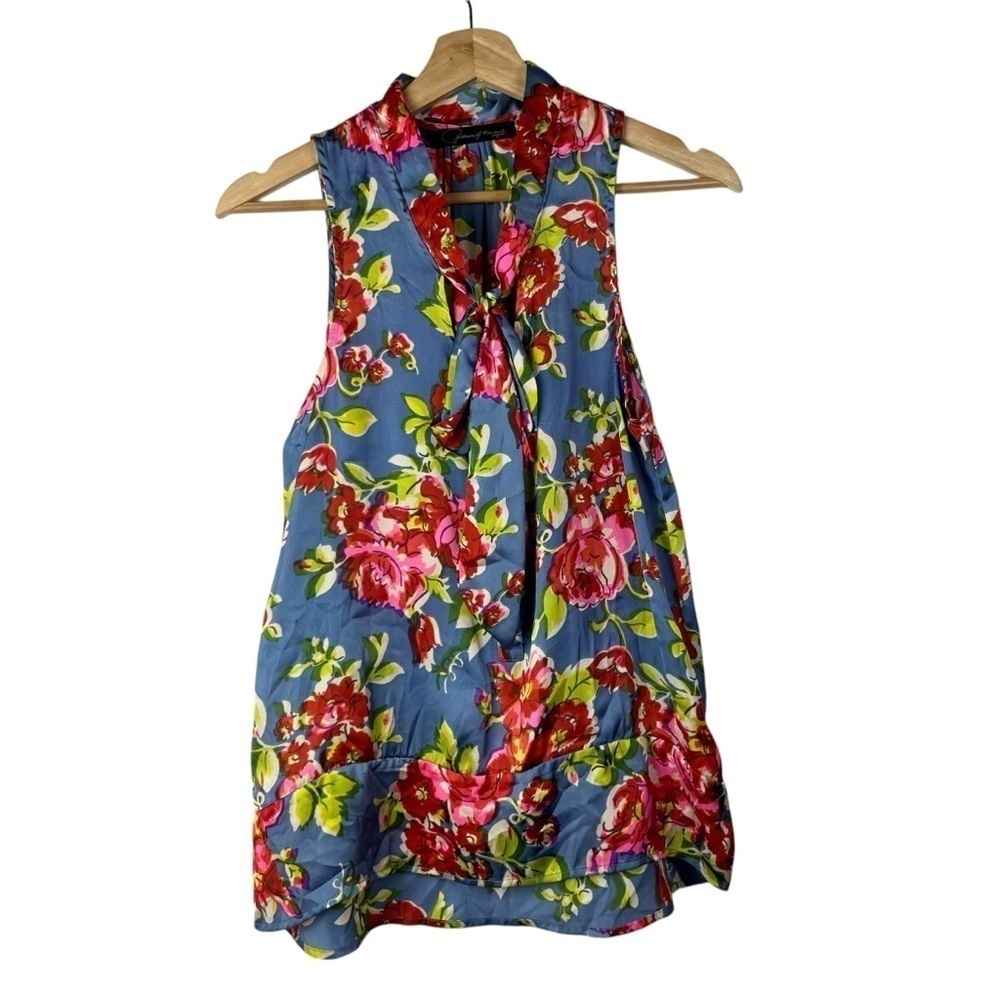 Patterson J Kincaid Blue Pink Floral Tie Neck Sleeveless Blouse XS